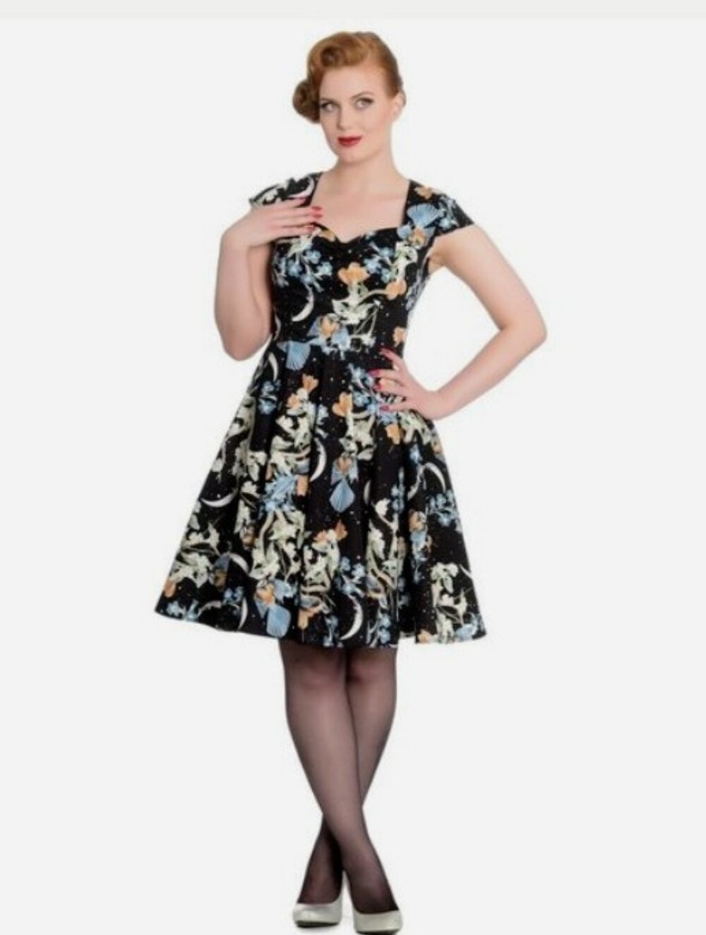 Hell Bunny Moonlight Dress black, blue & soft yellow